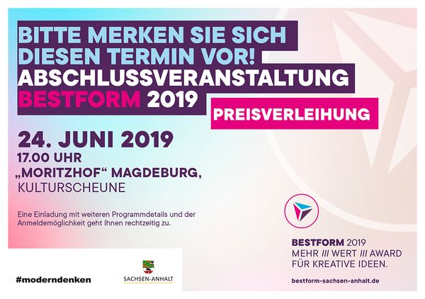 Grafik zeigt den Hinweis auf die Bestform Preisverleihung am 24. Juni 2019 im Moritzhof Magdeburg