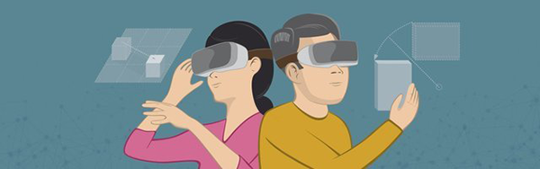 Zeigt einen Mann und eine Frau mit VR-Brillen